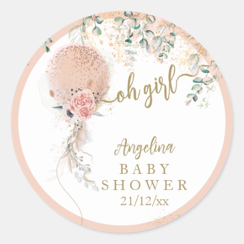 Oh Girl Pink Balloon Floral Eucalyptus Baby Shower Classic Round Sticker