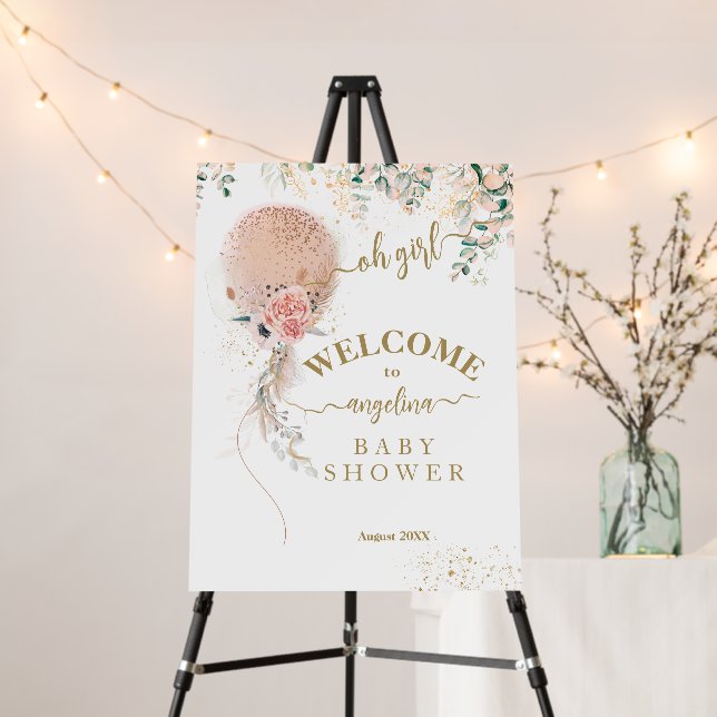 Oh Girl Pink Balloon Floral Eucalyptus Baby Shower Foam Board (In Situ (Stand))