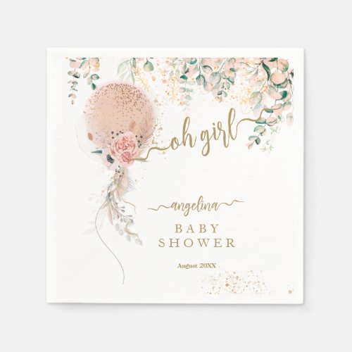 Oh Girl Pink Balloon Floral Eucalyptus Baby Shower Napkins