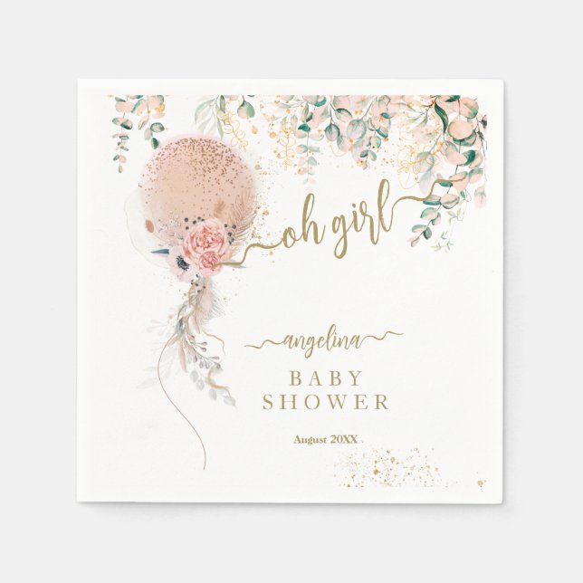 Oh Girl Pink Balloon Floral Eucalyptus Baby Shower Napkins (Front)