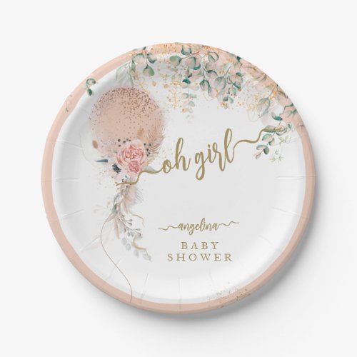 Oh Girl Pink Balloon Floral Eucalyptus Baby Shower Paper Plates