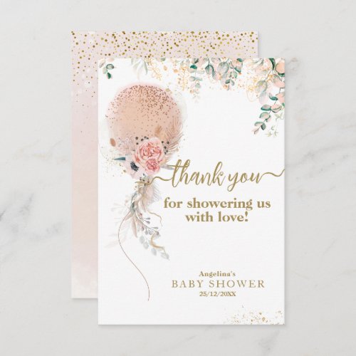 Oh Girl Pink Balloon Floral Eucalyptus Baby Shower Thank You Card