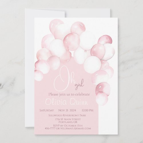 Oh girl pink balloons arch baby shower invitation