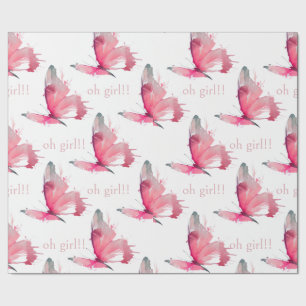 Oh Girl Pink Butterflies Baby Shower Wrapping Paper