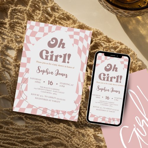 Oh Girl  Pink Checkered  Gingham  baby shower  Invitation