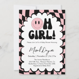 Oh Girl! Pink Checkered Happy Face Baby Shower Invitation