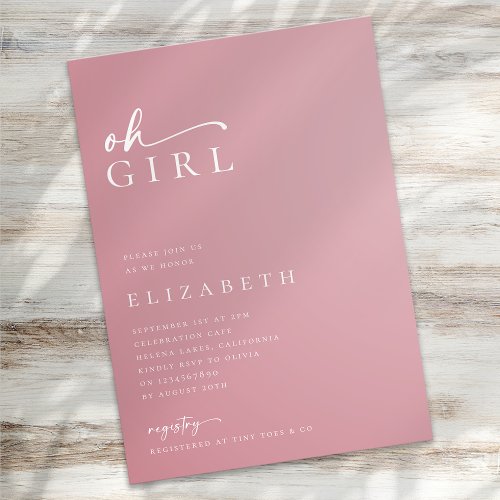 Oh Girl Pink Modern Minimalist Script Baby Shower Invitation