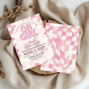 Oh Girl Race Car Pink Checkered Girl Baby Shower Invitation