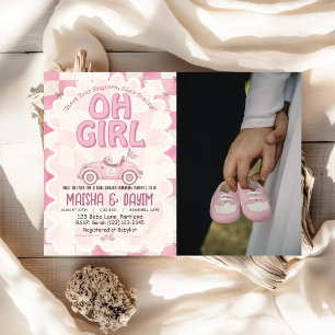 Oh Girl Race Car Pink Checkered Girl Baby Shower Invitation