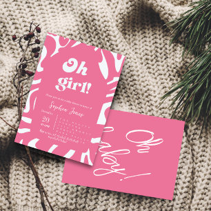 Oh Girl! Rose pink Checkered Gingham baby shower Invitation