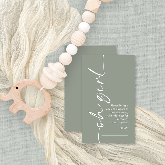 Oh Girl Sage Diaper Raffle Baby Shower Enclosure Card (Front and bcak view small enclosure Daper raffle )