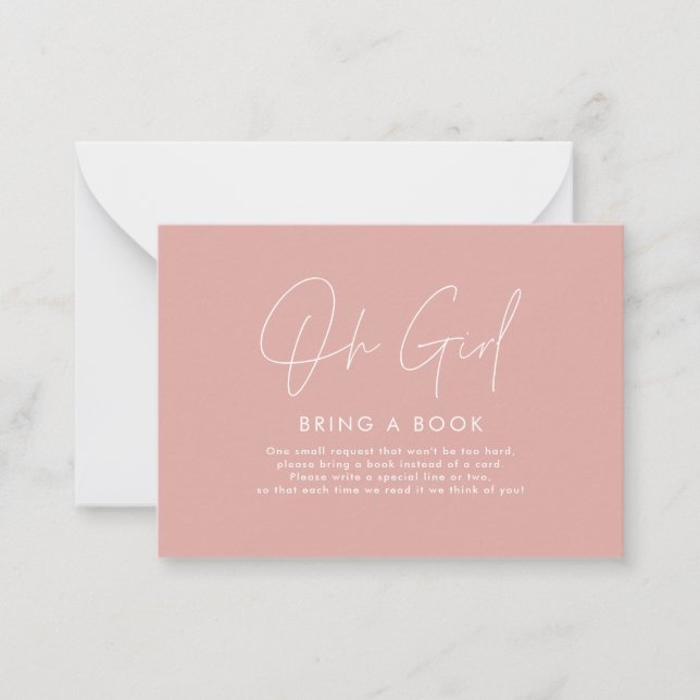 oh girl script pink baby shower bring a book  note card (Front)