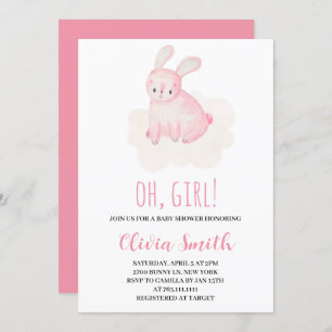 Oh Girl Sweet Bunny Watercolor Baby Shower Invitation
