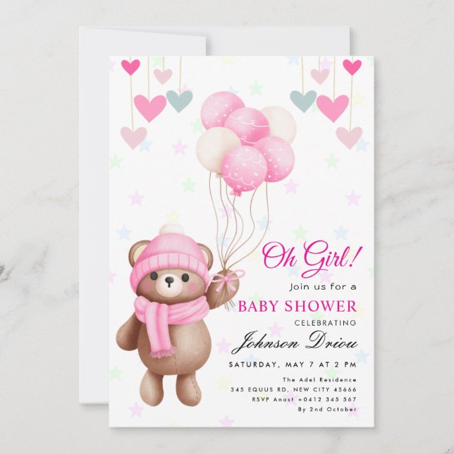 “Oh Girl!” teddy bear balloon baby shower Invitation (Front)