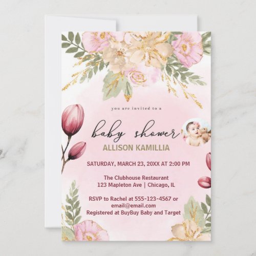 Oh girl watercolor floral Blush pink   Invitation
