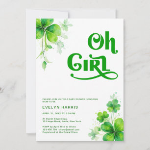 Oh Girl Watercolor Green Script Baby Shower Invitation