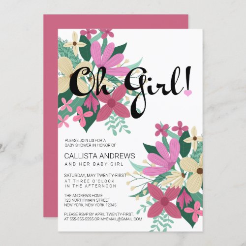 Oh Girly Pink Ivory Floral Bouquet Baby Shower Invitation