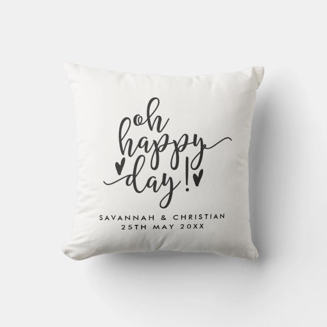 Oh Happy Day Script Personalized Wedding Pillow (Front)
