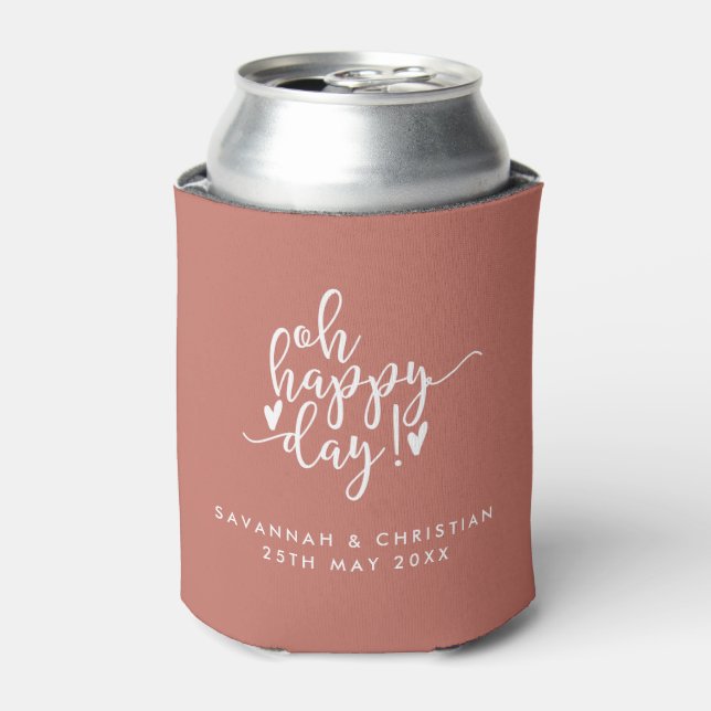 Oh Happy Day Script Terracotta Wedding Can Cooler (Can Front)