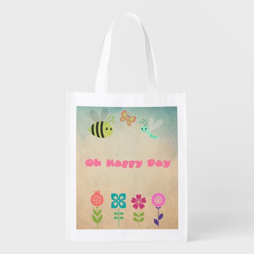 Oh Happy Day Whimsical Bumble Bee and Flowers Reusable Grocery Bag