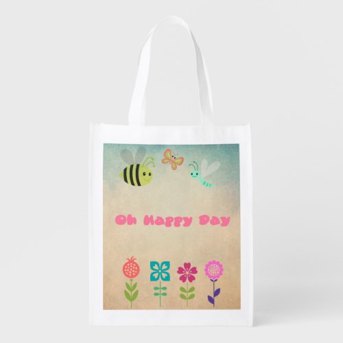 Oh Happy Day Whimsical Flowers and Cheerful Bugs Grocery Bag