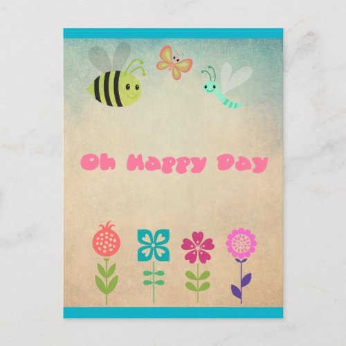 Oh Happy Day Whimsical Flowers and Cheerful Bugs Postcard