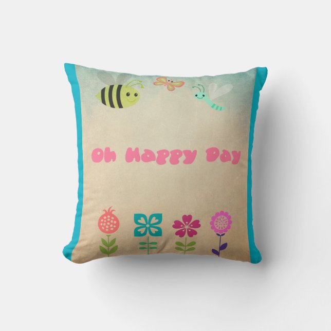 Oh Happy Day Whimsical Flowers and Cheerful Bugs Throw Pillow (Front)