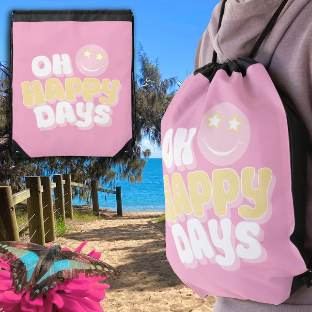 Oh happy days smile pink yellow white drawstring bag (Creator Uploaded)