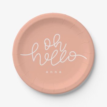 Oh Hello Blush Peach Paper Plates by Stacy_Cooke_Art at Zazzle