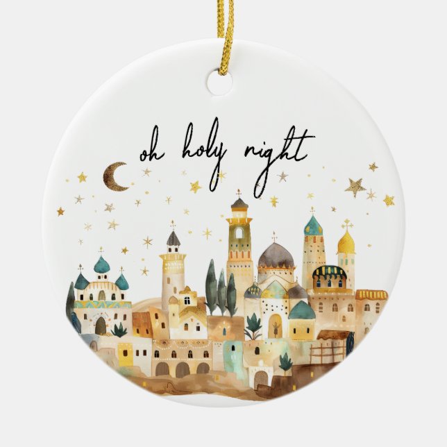 Oh Holy Night Christmas Stars Little Town Nativity Ceramic Ornament (Front)