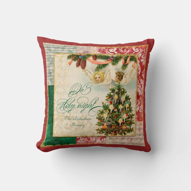 Oh Holy Night Christmas Tree Angels Family Name Throw Pillow (Front)