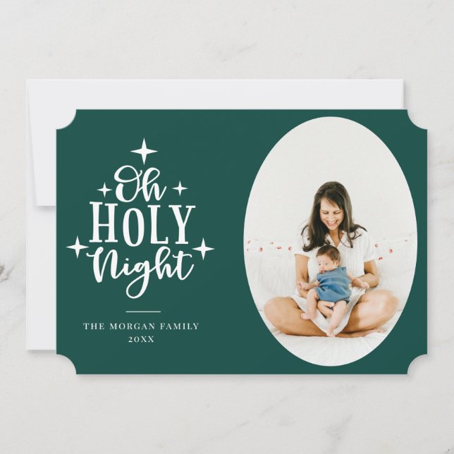 Oh Holy Night Green Photo Holiday Card (Front)