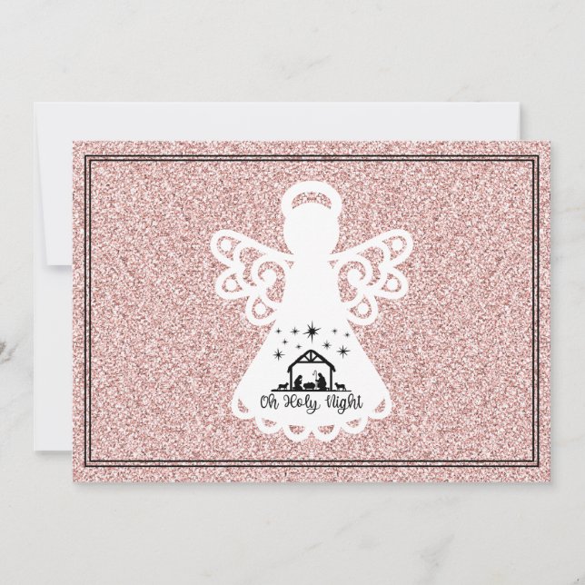 Oh Holy Night Nativity Angel Glitter Flat Card (Front)