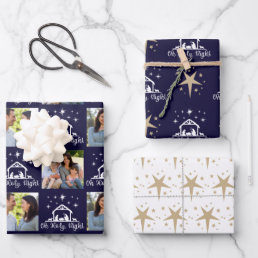 Oh Holy Night Nativity Navy Gold Star Wrapping Paper Sheets