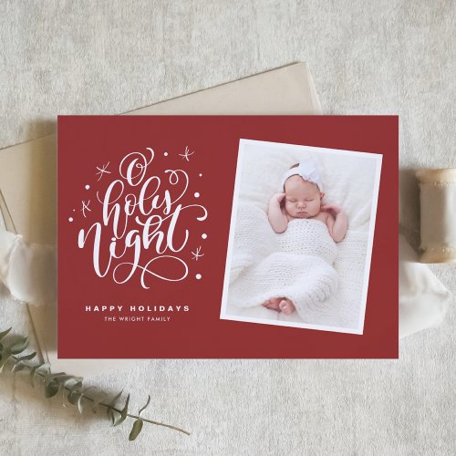 Oh Holy Night Script Red Christmas Photo Holiday Card