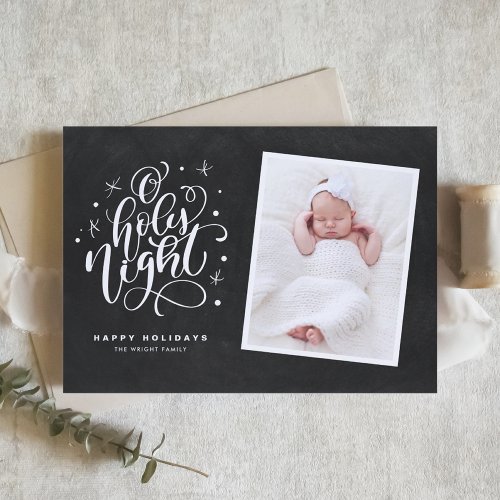 Oh Holy Night Script Rustic Chalkboard Photo Holiday Card