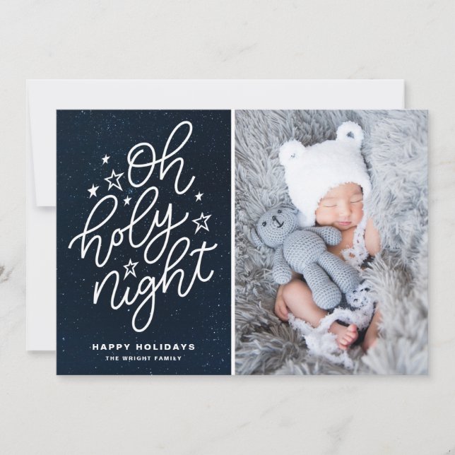 Oh Holy Night Script Starry Night Christmas Photo Holiday Card (Front)