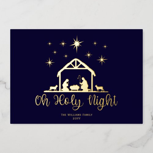 Oh Holy Night Script Typography Nativity 3 Photo Foil Holiday Card