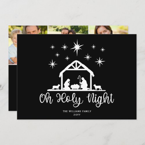 Oh Holy Night Script Typography Nativity 3 Photo Holiday Card