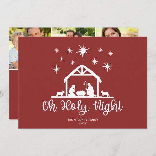Oh Holy Night Script Typography Nativity 3 Photo Holiday Card