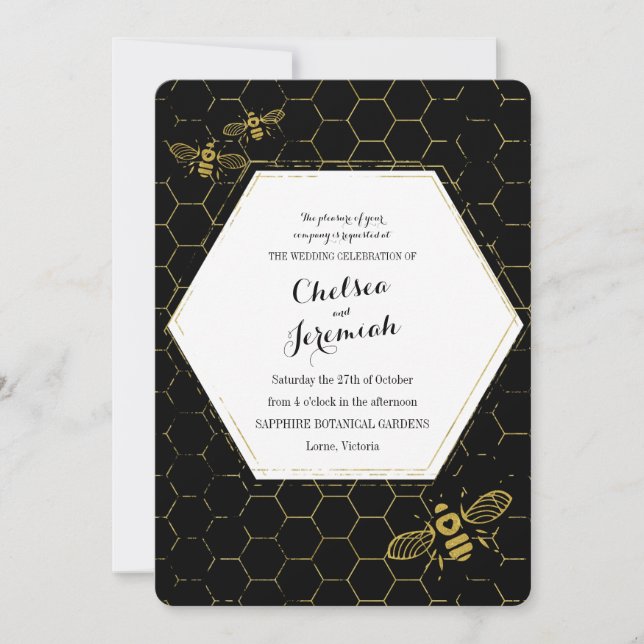 Oh Honey Bee Black Gold Custom Wedding Invitation (Front)