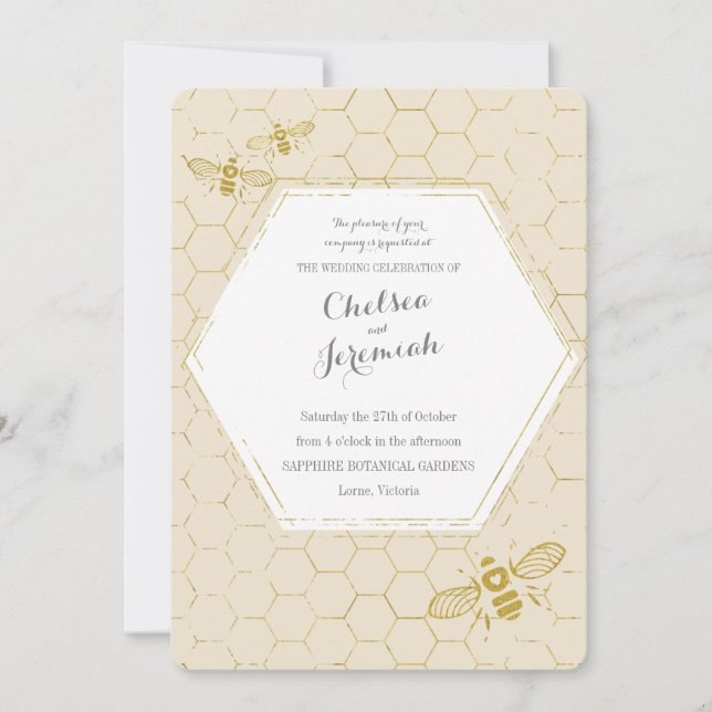 Oh Honey Bee Cream Gold Custom Wedding Invitation (Front)