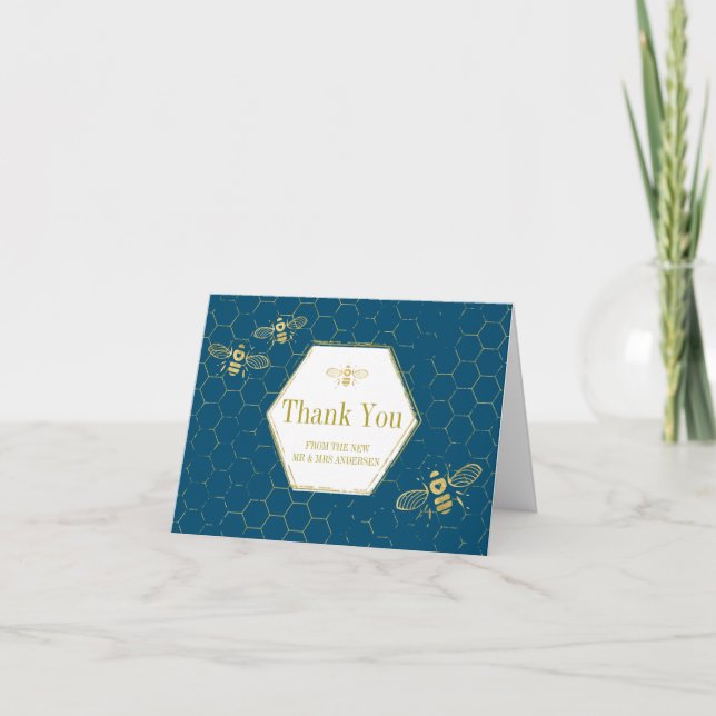 Oh Honey Bee Gold Teal Custom Photo Thank You Card (Front)
