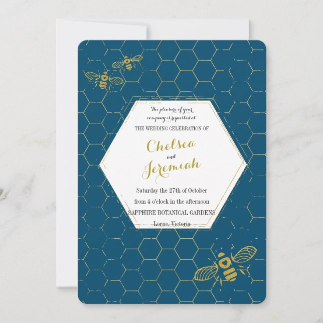 Oh Honey Bee Teal Gold Custom Wedding Invitation (Front)
