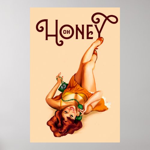 Oh Honey Vintage Pinup Girl On Rotary Phone Poster