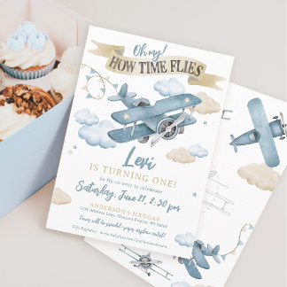 Oh How Time Flies Airplane Boy 1st Birthday Party Invitation
