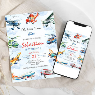 Oh How Time Flies Airplane Pilot Kids Birthday Invitation