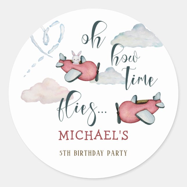 Oh how time flies retro plane boy birthday classic round sticker (Front)