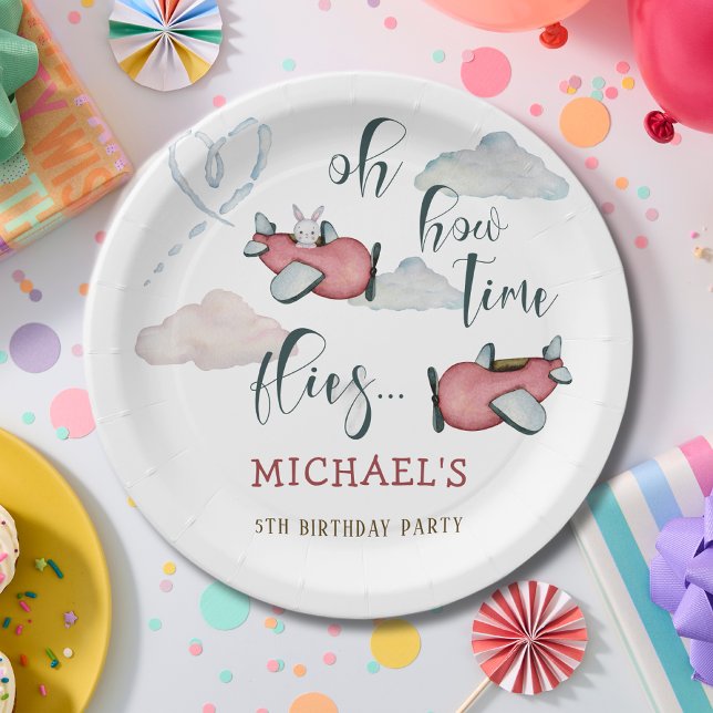 Oh how time flies retro plane boy birthday paper plates (Creator Uploaded)
