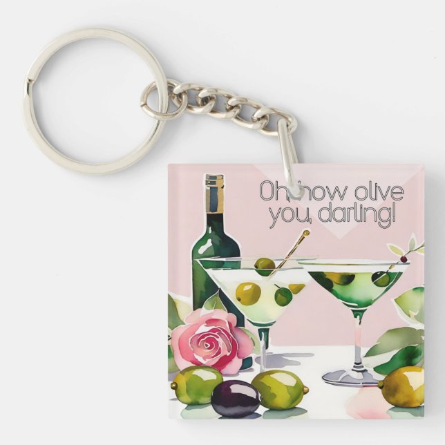 Oh I Olive you!  Punny 50s style martini magnet  Keychain (Front)